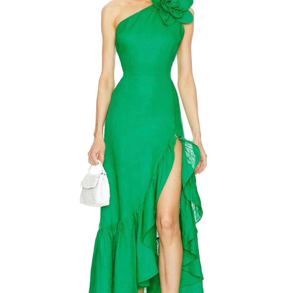 Yumi Kim Linen Green One-Shoulder Dress